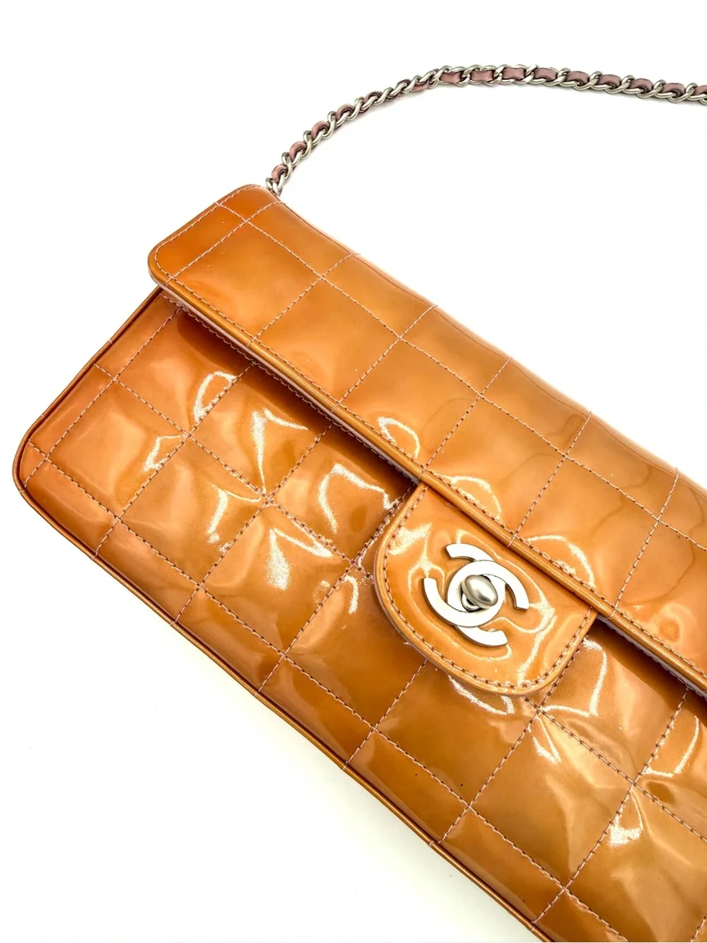 CHANEL Quilted Orange Patent Leather Chocolate Bar CC Flap Bag